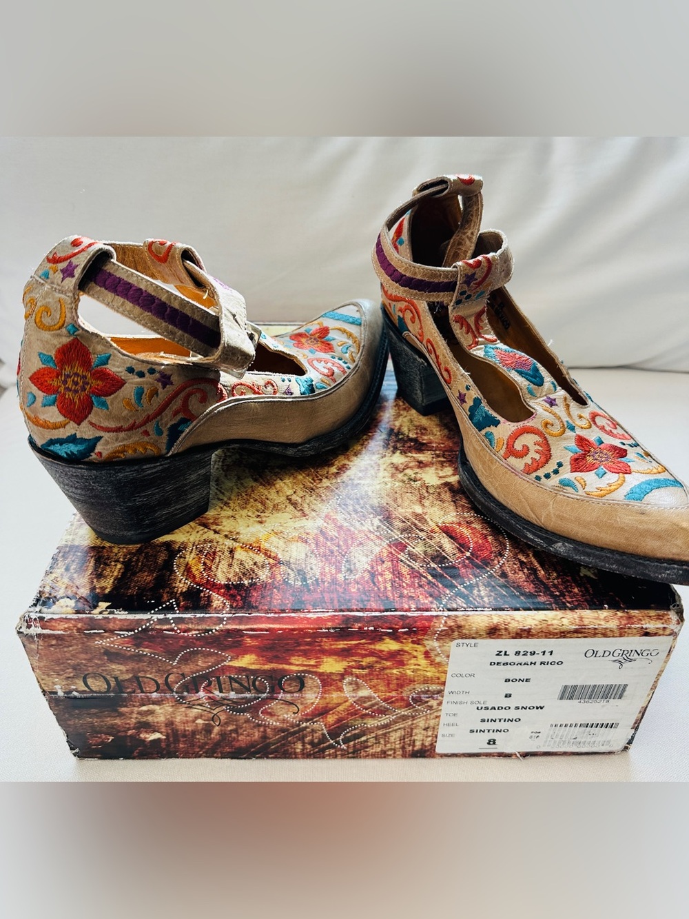 Old Gringo “Deborah Tico” Beige Leather Floral Embroidered T-Strap Bootie - Picture 9 of 9